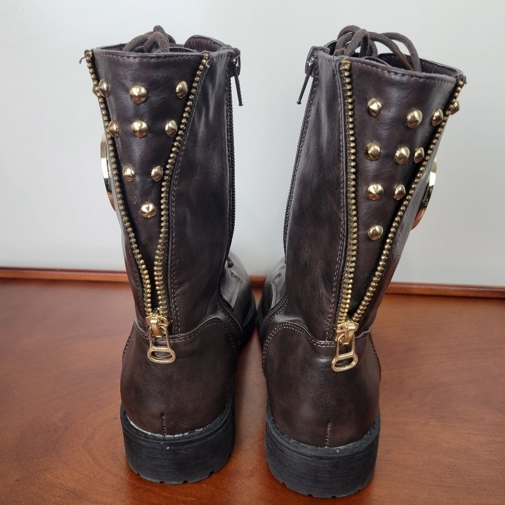 Michael Kors Dark Brown Leather with Gold Detail Lace/Zip Combat Boots Size 6 - Picture 2 of 12